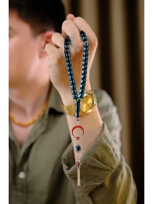 Dergah Tesbih Atölyesi Ayyıldız Tasarım Çeşm-I Bülbül Motif Mavi Ateş-I Kehribar Tesbih