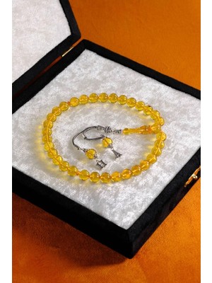 Dergah Tesbih Atölyesi Premium Kutulu Kişiye Özel Gümüş Harf Tasarımlı Sarı Ateş-I Kehribar Tesbih