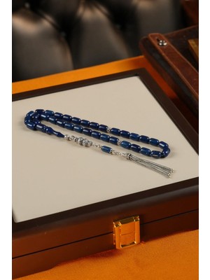 Dergah Tesbih Atölyesi Grand Serisi Gümüş Tasarım Mavi Sıkma Kehribar Tesbih