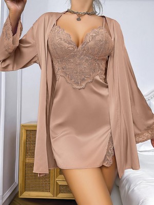 Marsilyan- Özel Tasarım Dantel Işlemeli Şık Göğüs Dekolteli Sabahlıklı 2'li Saten Gecelik Takımı