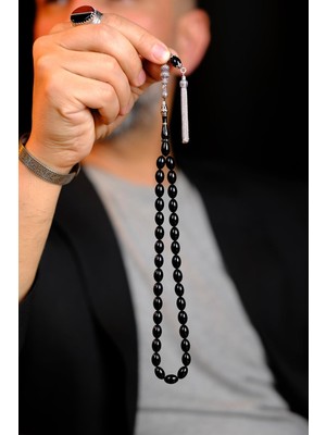 Dergah Tesbih Atölyesi Fakir Usta El Işçiliği Nakkaş Imame Tamamı Gümüş Tasarım Siyah Sıkma Kehribar