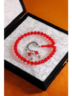 Dergah Tesbih Atölyesi Premium Kutulu Kişiye Özel Gümüş Harf Tasarımlı Kırmızı Ateş-I Kehribar Tesbih