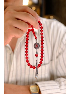 Dergah Tesbih Atölyesi Gümüş Ayyıldız Tasarım Kırmızı Ateş-I Kehribar Tesbih