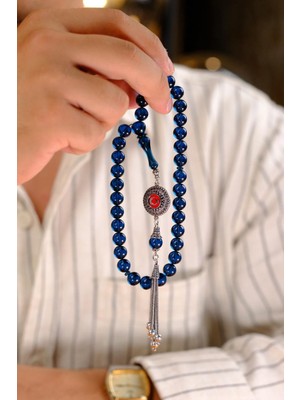 Dergah Tesbih Atölyesi Gümüş Ayyıldız Tasarım Mavi Ateş-I Kehribar Tesbih