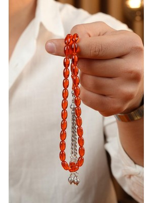 Dergah Tesbih Atölyesi Eşref Serisi Gümüş Tasarım Turuncu Sıkma Kehribar Tesbih