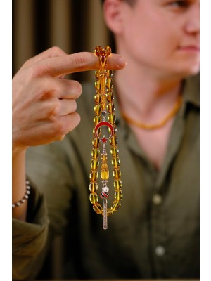 Dergah Tesbih Atölyesi Şükrü Baba Premium Serisi Gümüş Ayyıldız Tasarım Sarı Ateş-I Kehribar Tesbih