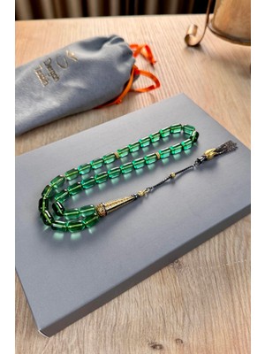 Dergah Tesbih Atölyesi Diamond Gümüş Serisi Yeşil Ateşi Sıkma Kehribar Tesbih