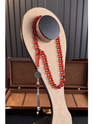 Dergah Tesbih Atölyesi Kişiye Özel Gümüş Isim Tasarım Kırmızı Sıkma Kehribar Tesbih