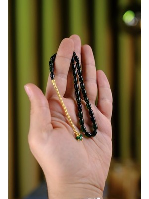 Dergah Tesbih Atölyesi Bilek Boy Gold Tasarım Gümüş Püskül Yeşil Ateş-I Sıkma Kehribar Tesbih