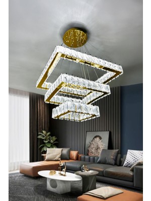 G-Light Kare 3 Kat Kristal Taşlı Modern LED Avize – Salon & Oturma Odası – 3 Renk – Ayarlanabilir Kablo
