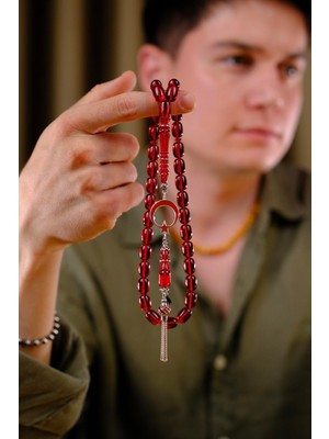 Dergah Tesbih Atölyesi Şükrü Baba Premium Serisi Gümüş Ayyıldız Tasarım Kırmızı Ateş-I Kehribar Tesbih