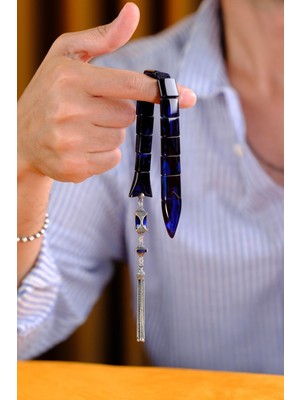 Dergah Tesbih Atölyesi Özel Koleksiyonluk Gümüş Tasarım Balık Model Sürmeli Mavi Sıkma Kehribar Tesbih