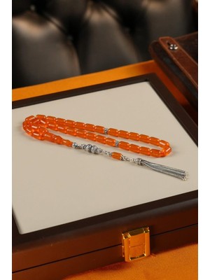 Dergah Tesbih Atölyesi Grand Serisi Gümüş Tasarım Turuncu Sıkma Kehribar Tesbih