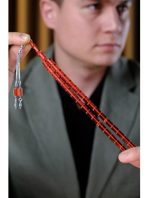 Dergah Tesbih Atölyesi Gümüş Tasarım Ateş-I Sıkma Kehribar Turuncu Kes-Me Tesbih