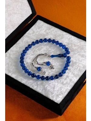 Dergah Tesbih Atölyesi Premium Kutulu Kişiye Özel Gümüş Harf Tasarımlı Mavi Ateş-I Kehribar Tesbih