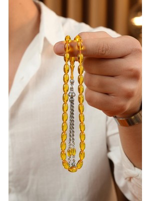 Dergah Tesbih Atölyesi Eşref Serisi Gümüş Tasarım Sarı Sıkma Kehribar Tesbih