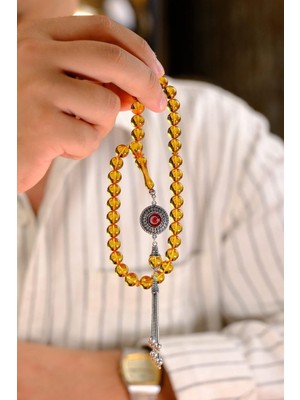 Dergah Tesbih Atölyesi Gümüş Ayyıldız Tasarım Sarı Ateş-I Kehribar Tesbih