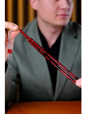 Dergah Tesbih Atölyesi Gümüş Tasarım Ateş-I Sıkma Kehribar Kırmızı Hareli Kes-Me Tesbih