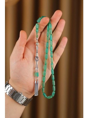 Dergah Tesbih Atölyesi Harmony Serisi Gümüş Tasarım Su Yeşili Ateş-I Sıkma Kehribar Tesbih