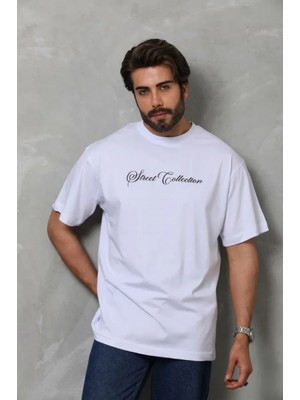 Marsilyan- Unisex Bisiklet Yaka Baskılı Oversize T-Shirt - Beyaz