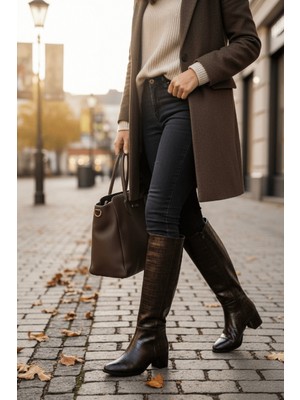 Divolya Despina Kahverengi Kroko Deri Topuklu (5 cm Topuklu ) Yanı Fermuarlı Günlük Kullanım Çizme