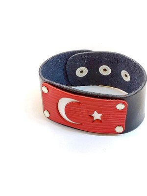 Herşey Nota Türk Bayrağı Ay Yıldız Detaylı Hakiki Deri Erkek Bileklik – AYARLANABILIR-186
