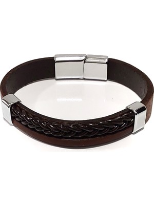 Herşey Nota Maskülen Brunette Kahve Hakiki Deri Örgü Erkek BILEKLIK-560