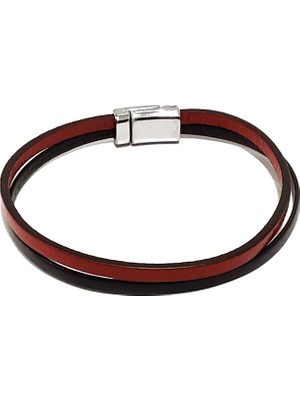 Herşey Nota Çifte Yansıma Kırmızı Tonlu Kordon Hakiki Deri Erkek BILEKLIK-577