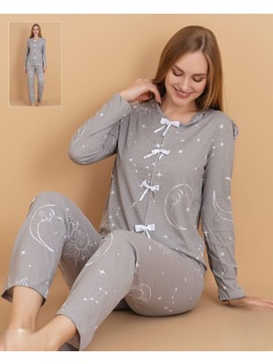 Eta Kadın Ayıcık Desenli Pijama Takımı Uzun Kollu Düğmeli Pamuklu Rahat Ev Giyim