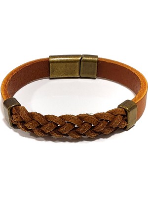 Herşey Nota Taba Kordon Hakiki Deri Örgülü Erkek Bileklik | Mıknatıslı Metal Tokalı, Klasik TASARIM-1236