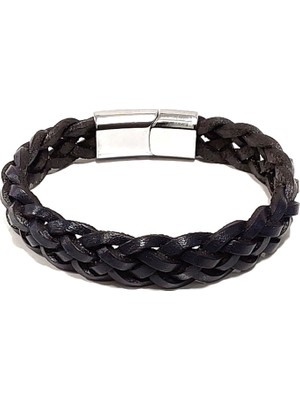 Herşey Nota Siyah Maskülen Hakiki Deri Örgü Erkek BILEKLIK-581