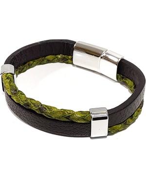 Herşey Nota Haki Storm Siyah Hakiki Deri & Örgü Erkek BILEKLIK-557