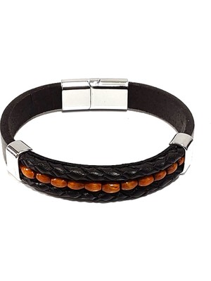 Herşey Nota Kumtaşı Noir Siyah Örgü Hakiki Deri Erkek BILEKLIK-589