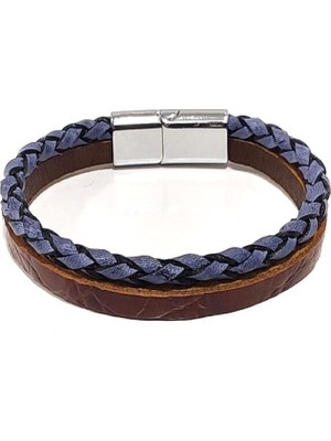 Herşey Nota Asil Yol Kahve–lacivert Hakiki Deri Örgü Erkek BILEKLIK-600