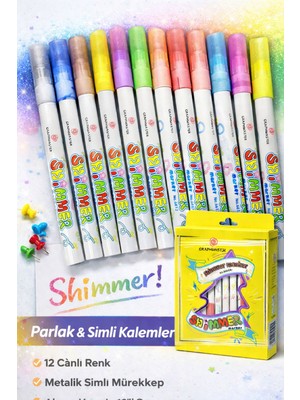 Graphmaster Shimmer Marker – 12’li Simli & Parlak Renkli Keçeli Kalem Seti