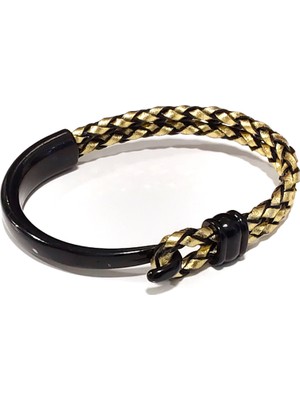 Herşey Nota Sırlı Gold Siyah Kancalı Hakiki Deri Erkek Bileklik-07