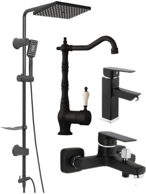 Kca Armatür Black Edition 4’lü Siyah Set Duş Robotu + Banyo Bataryası + Mutfak Bataryası + Lavabo Bataryası