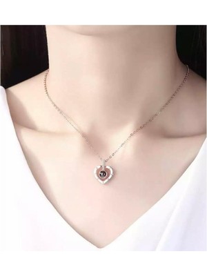 Herşey Nota 100 Dilde Seni Seviyorum Gümüş Renkli Kalp Projeksiyon Kolye