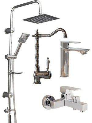 Kca Armatür Aurum Luxe 4’lü Set - 4’lü Rustik Banyo & Mutfak Seti | Robot Duş + Lavabo + Eviye + Banyo