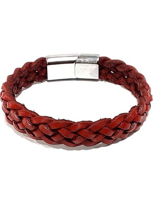 Herşey Nota Kırmızı Maskülen Hakiki Deri Örgü Erkek BILEKLIK-583