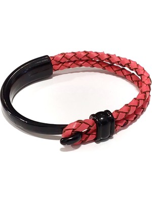 Herşey Nota Sırlı Pembe & Siyah Kancalı Hakiki Deri Erkek Bileklik-04