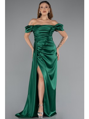 Kayık Yaka Kuyruklu Uzun Saten Abiye ABU1606