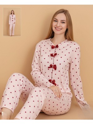 Kadın Kalpli Desenli Fiyonk Detaylı Uzun Kollu Pijama Takımı – Rahat & Şık Ev Giyimi
