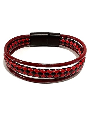 Herşey Nota Red Line Çift Örgü ve Kordon Hakiki Deri Erkek Bileklik – 41