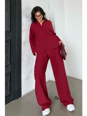 Madmext Kırmızı Keten Kadın Gömlek Pantolon Ikili Takım MG2356