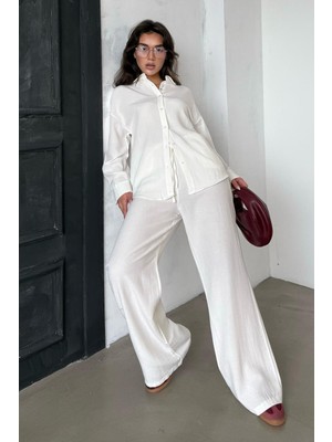 Madmext Ekru Keten Kadın Gömlek Pantolon Ikili Takım MG2356