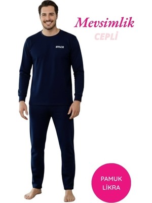 Bie's Erkek Lacivert Uzun Kol Cepli Pijama Takımı Pamuk Likra Bisiklet Yaka Mevsimlik Eşofman Takımı