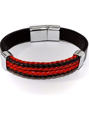 Herşey Nota Ateş & Gece Kırmızı Hakiki Deri Örgü Erkek Bileklik-12