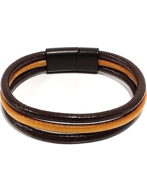 Herşey Nota Maskülen Hat Kahve Taba Hakiki Deri Erkek Bileklik | Modern Çift Ton TASARIM-1199