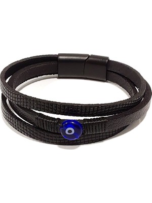 Herşey Nota Nazar Boncuklu Kombin Hakiki Deri Siyah Erkek Bileklik | Mıknatıslı Metal Tokalı TASARIM-1226